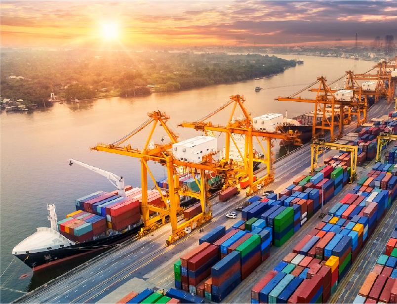 Air, sea, and ground freight operations at an international logistics hub
